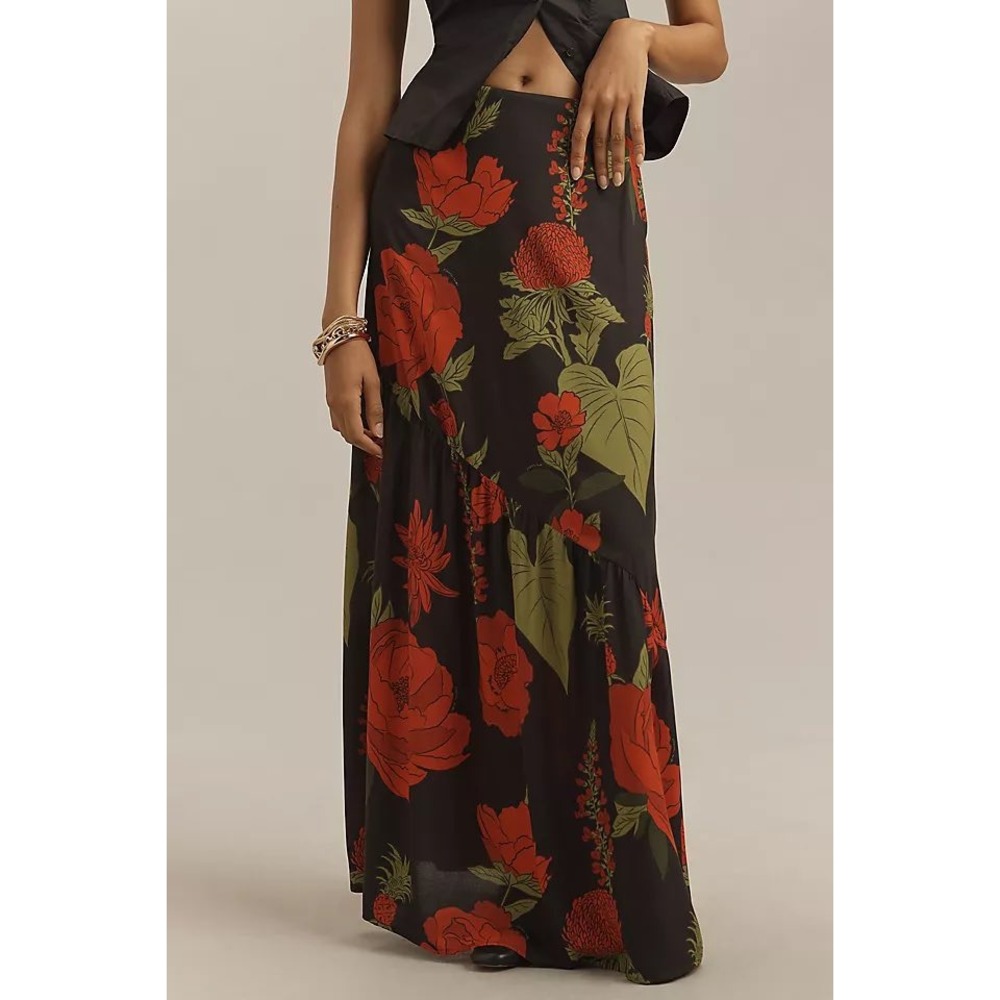 Farm Rio for Anthropologie Black Red Floral Maxi Skirt Tropical Tiered Small